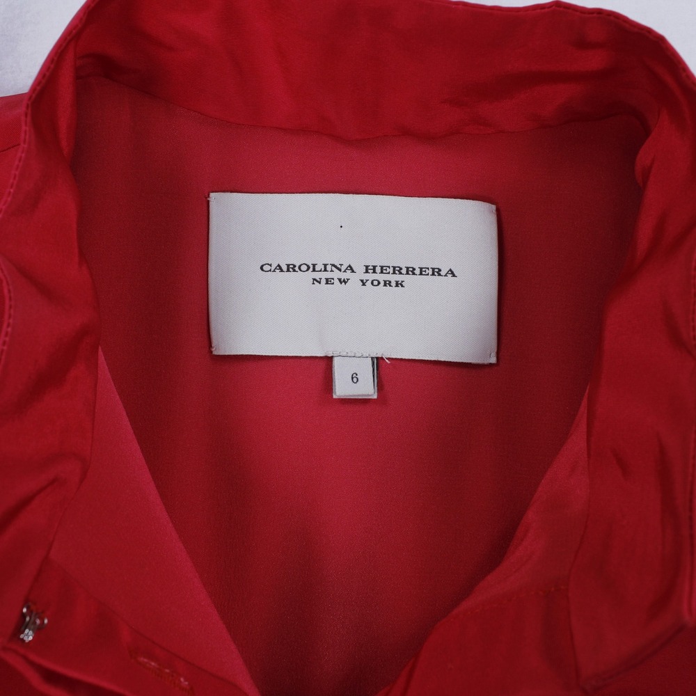 Carolina Herrera Red 100% Silk Embroidered Belted A-Line Shirt Dress Sz 6 - Picture 9 of 11